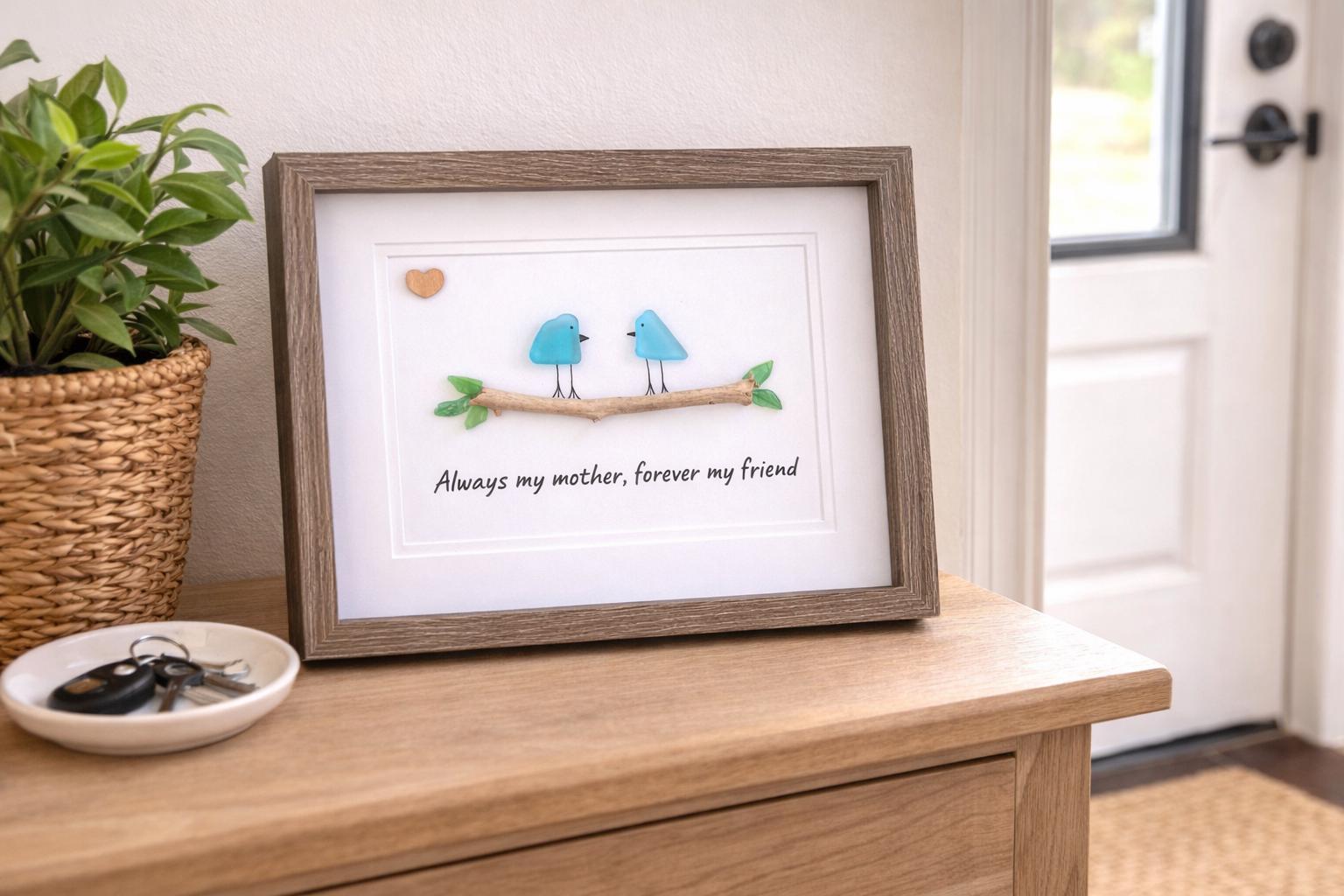 Framed Gift for Mom, 8x10 Sea Glass Art Captioned “Always my mother, forever my friend”