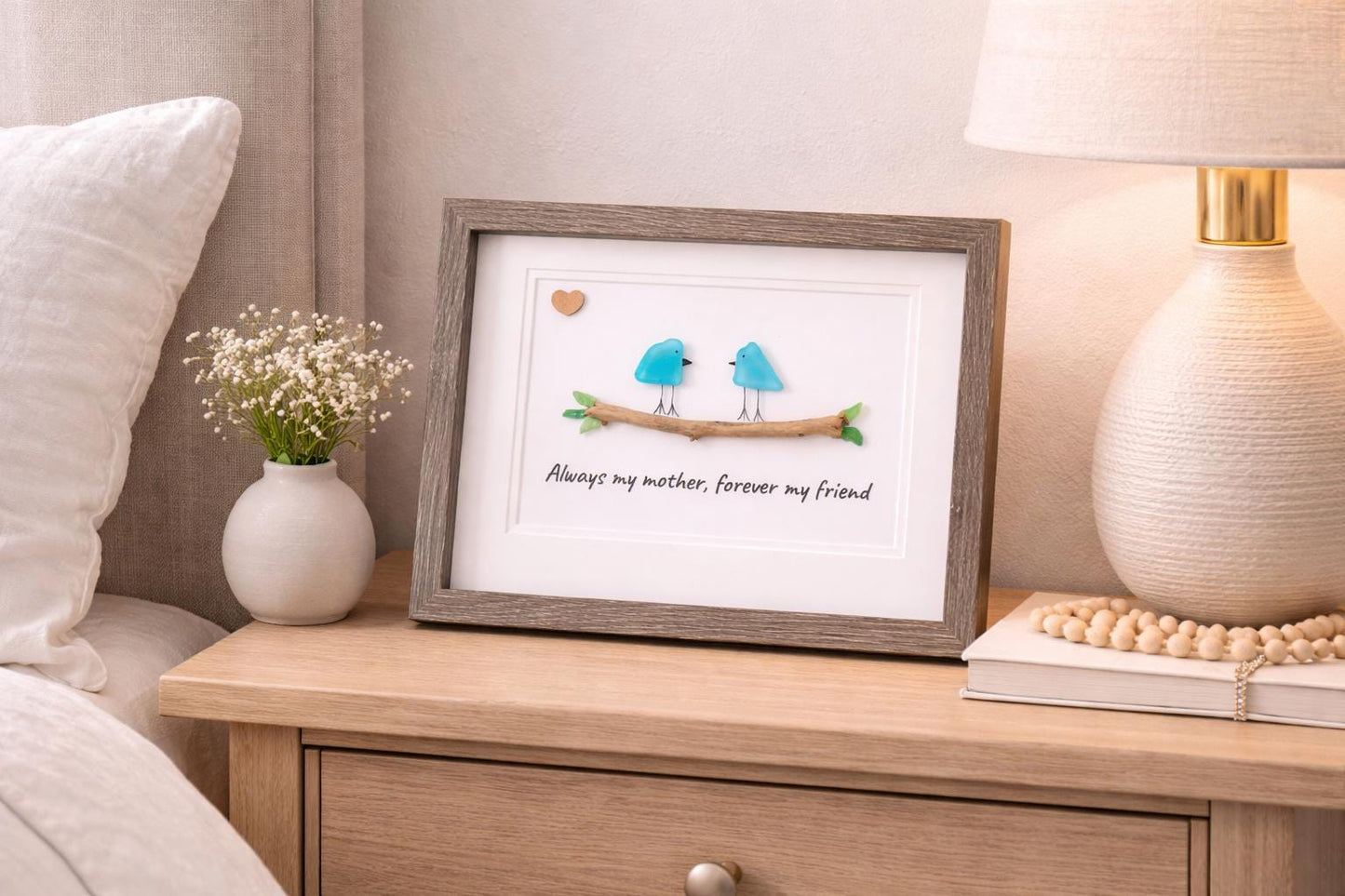 Framed Gift for Mom, 8x10 Sea Glass Art Captioned “Always my mother, forever my friend”