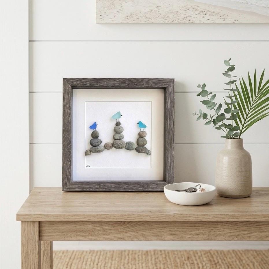 Sea Glass Birds on Rock Piles, 9 x 9 Framed Original Handmade Pebble Beach Art, Minimalist Beach Decor