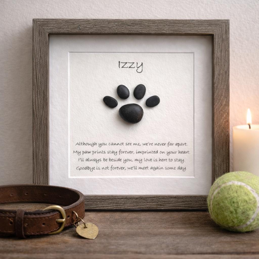 Framed Pebble Art Pet Memorial, Dog Loss Gift, Cat Remembrance