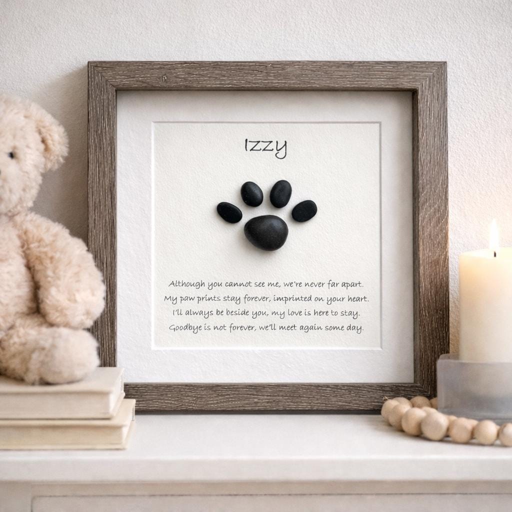 Framed Pebble Art Pet Memorial, Dog Loss Gift, Cat Remembrance