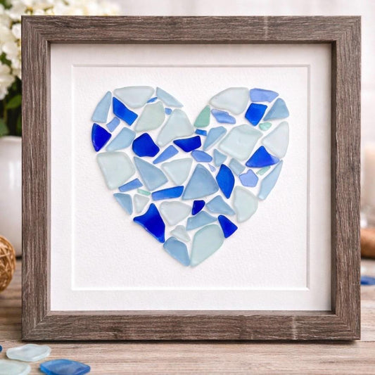 Glass Love Heart | Heart Art in Shades of Blue | Beach Lover Gift | Coastal Wall Decor | Gift for Friend | 8x8 Sea Glass Art