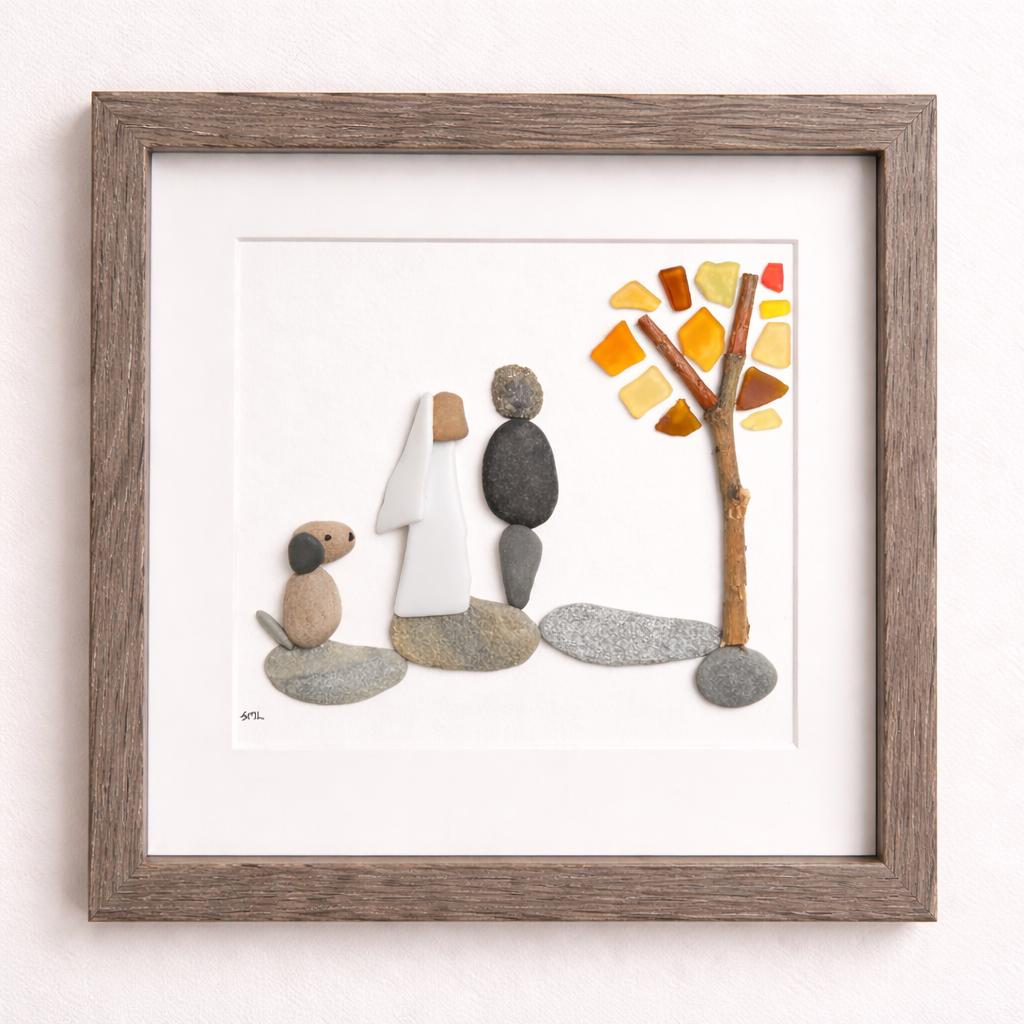 Autumn Wedding Gift with or without Dog | Fall Wedding Gift | 8x8 Handmade Pebble & Sea Glass Art | Personalized Gift for Newlyweds