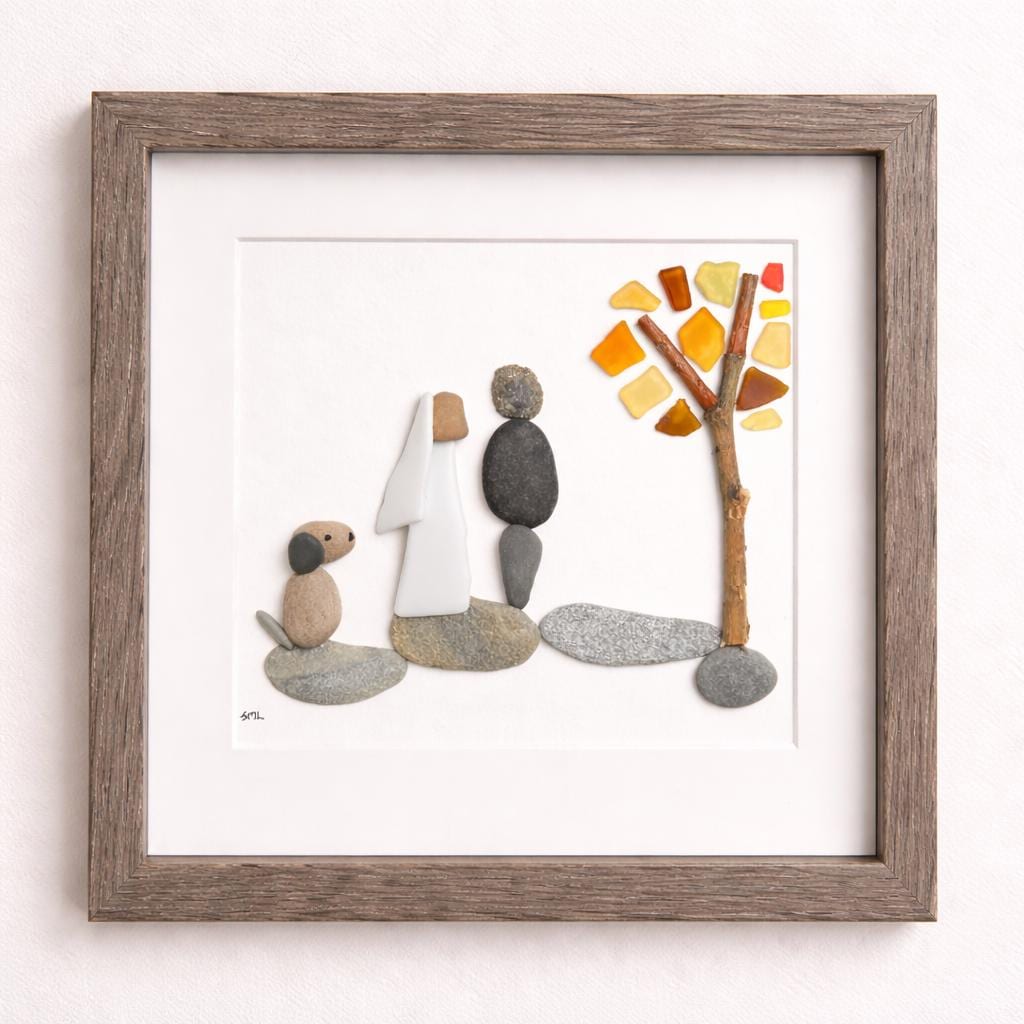 Autumn Wedding Gift with or without Dog | Fall Wedding Gift | 8x8 Handmade Pebble & Sea Glass Art | Personalized Gift for Newlyweds