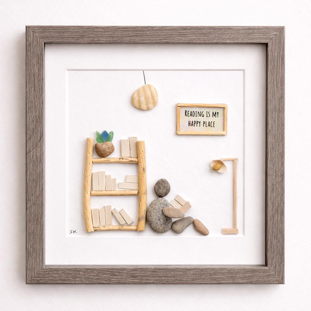 Unique Gift for Book Lovers, 8x8 Pebble Art Picture of Reader Surrounded by Books, Wall Sign Says "Reading is My Happy Place"