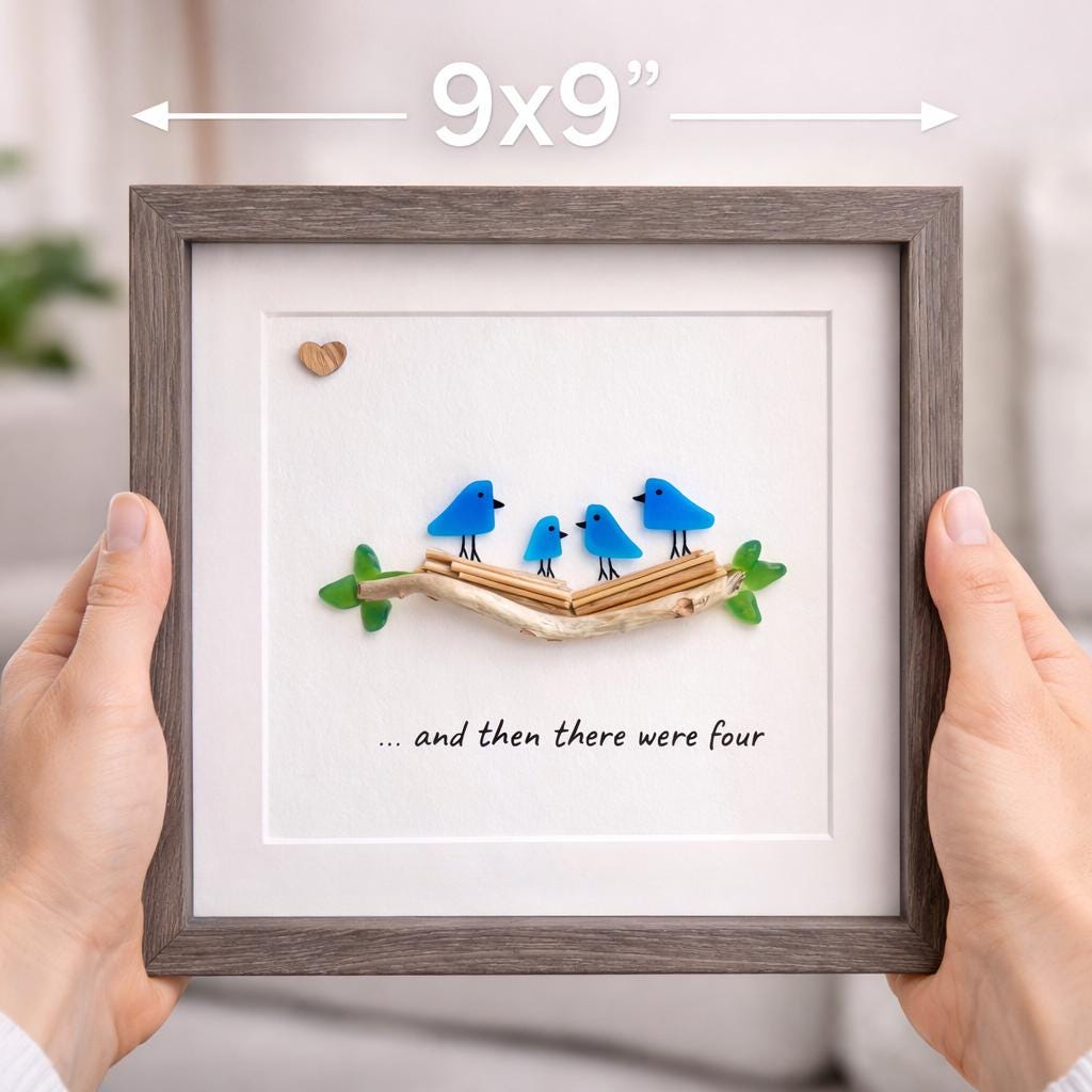 Sea Glass Bird Family of Four, 8x8 Personalized Framed Picture, New Baby Gift, Mother’s Day Gift, Handmade Artwork, New Parents Gift