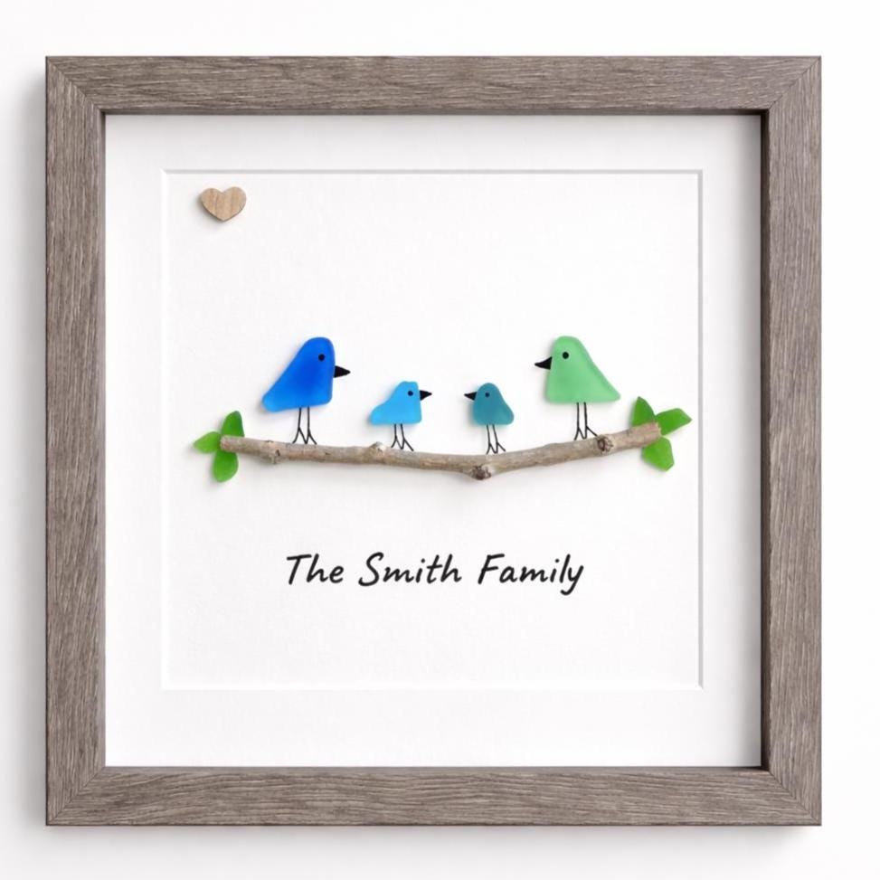 Personalized Sea Glass Bird Family Picture, Family of 3, 4, 5 or 6, 8x8 Framed Wall Art