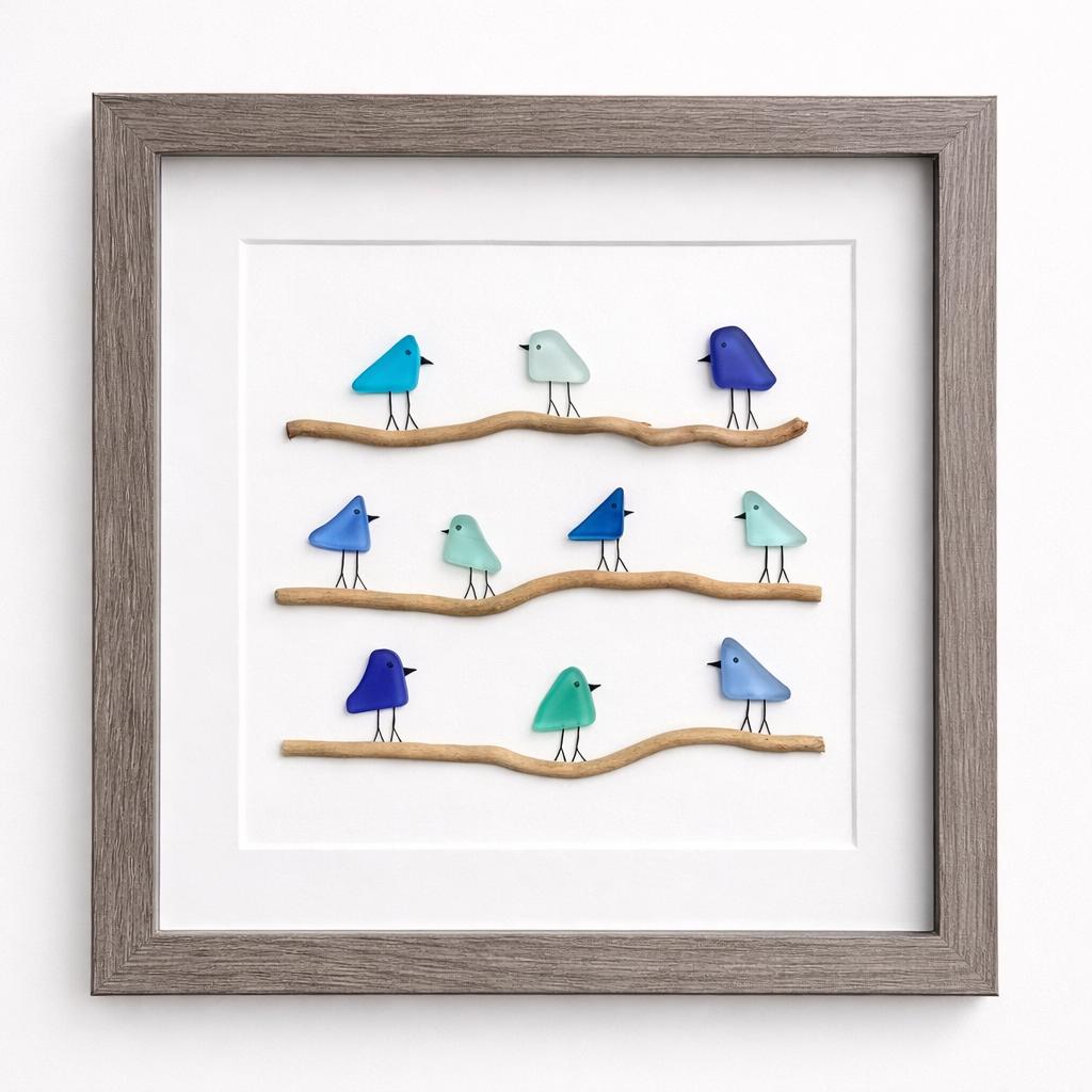 Sea Glass Birds on Driftwood | Coastal Framed Art (8x8)