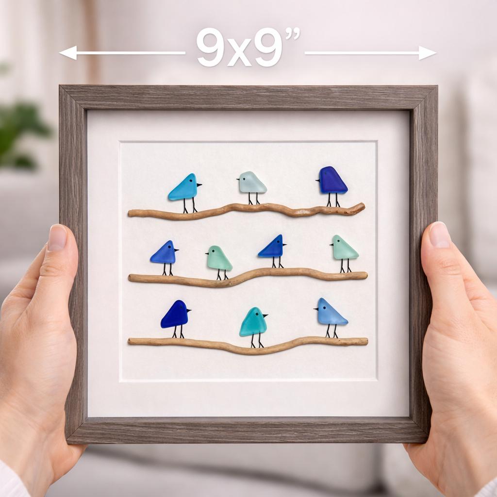 Birds in Shades of Blue on Driftwood Branches | Bluebirds | Friendship Birds | Minimalist Beach Decor | Gift for Friend | 8x8 Sea Glass Art