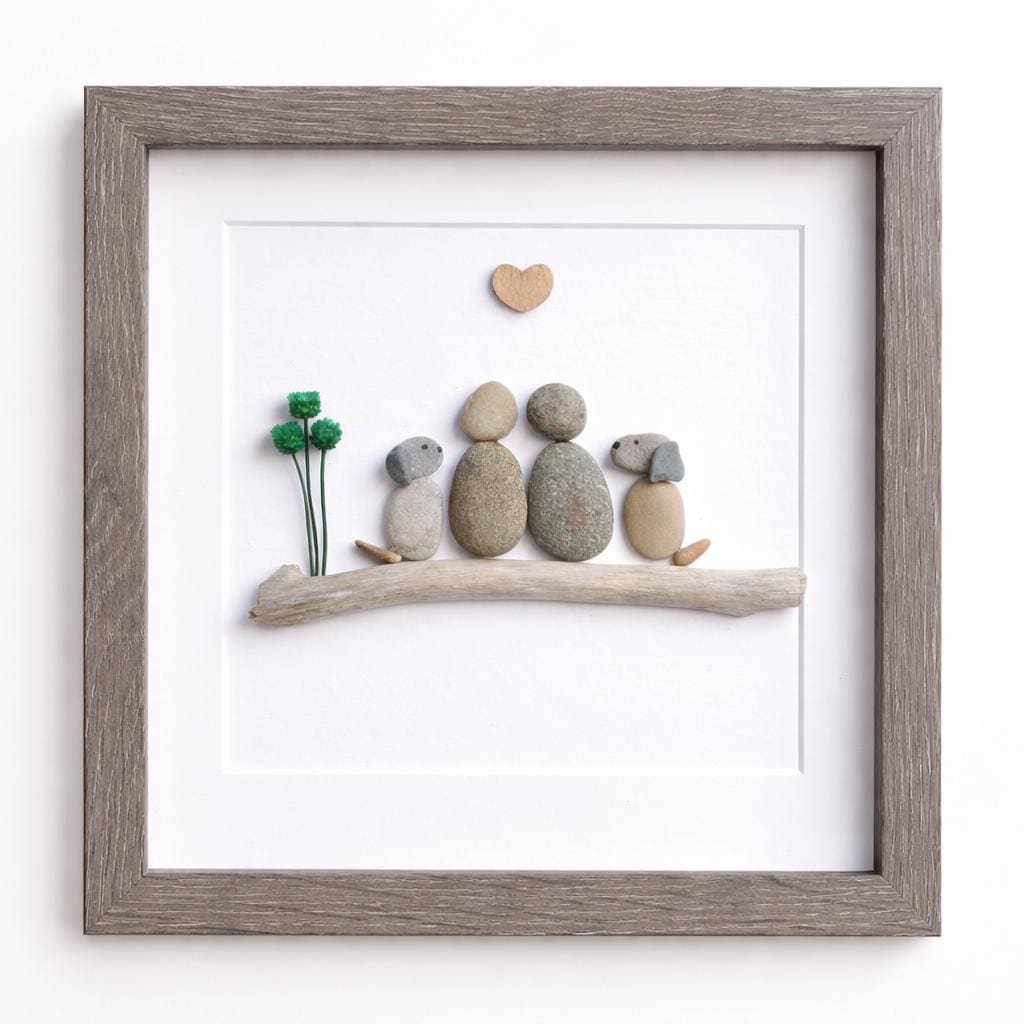 Couple with Two Dogs, 8x8 Framed Pebble Art, Personalized Pet Artwork, Perfect Gift for Dog Owners