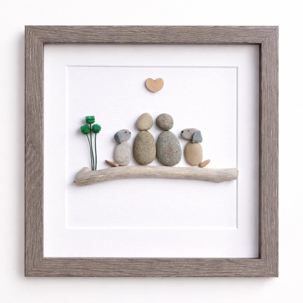 Couple with Two Dogs, 8x8 Framed Pebble Art, Personalized Pet Artwork, Perfect Gift for Dog Owners
