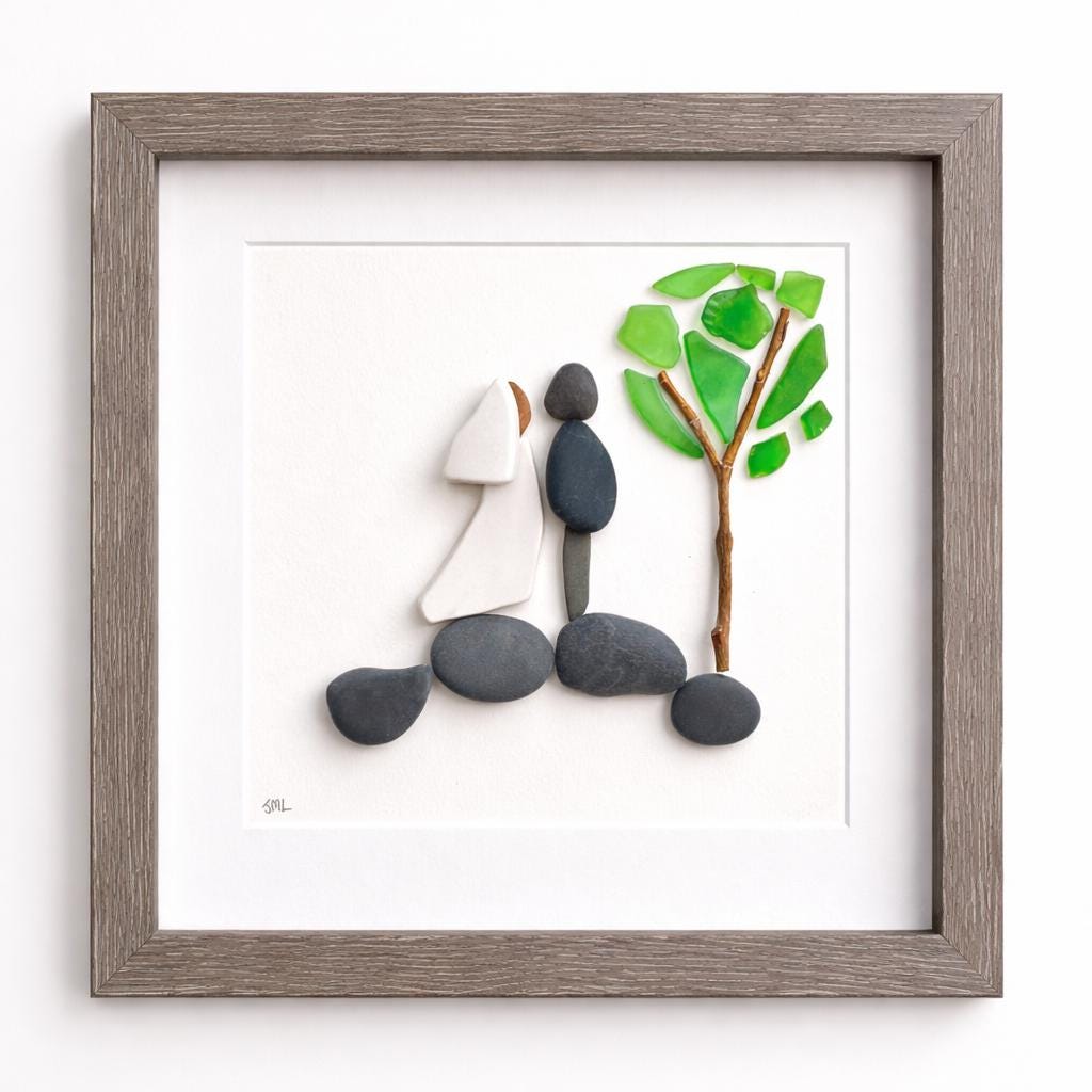 Unique Wedding Gift, 8x8 Handmade Pebble, Sea Glass and Pottery Collage, Great Personalized Gift for Newly Weds