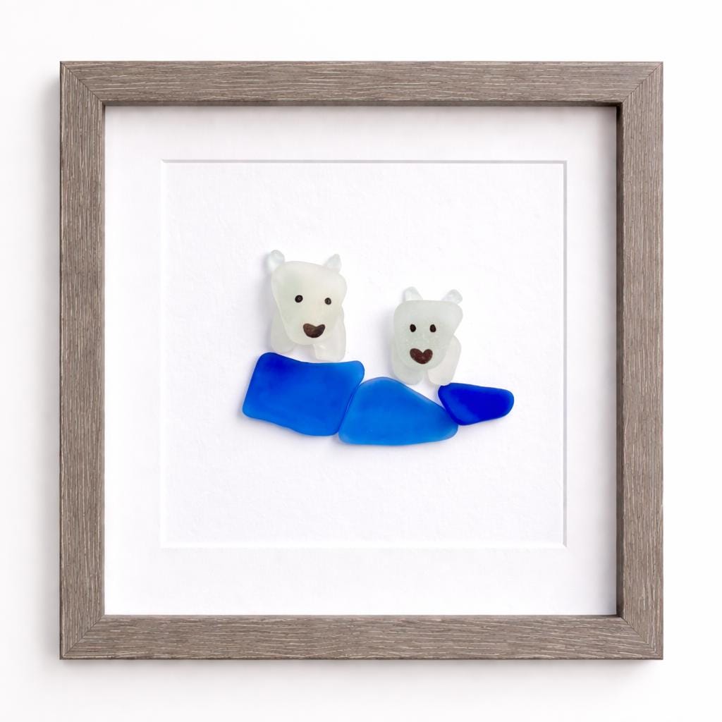 Sea Glass Polar Bear Art, Framed Winter Decor (8x8)