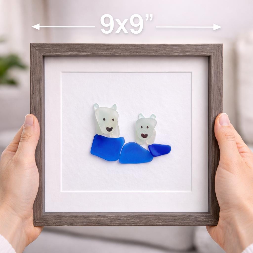 Sea Glass Polar Bear Art, Framed Winter Decor (8x8)