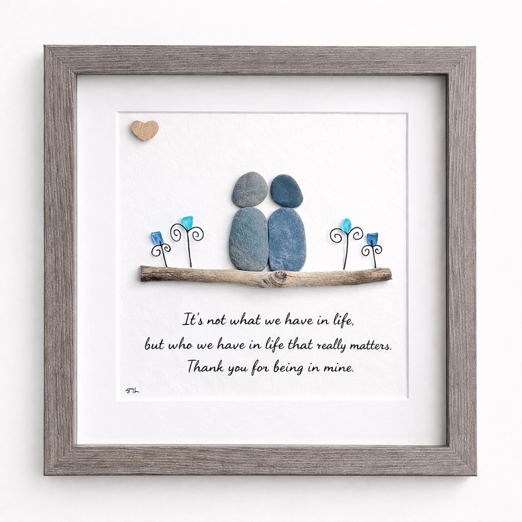 Pebble Art Thoughtful Friendship Gift | Sea Glass Flowers, Driftwood Scene 8x8”