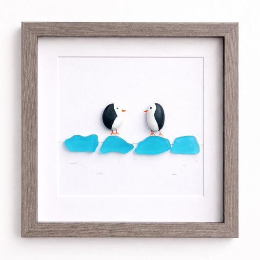 Sea Glass Penguin Picture, 8x8 Framed Sea Glass Art, Perfect Winter or Holiday Decor