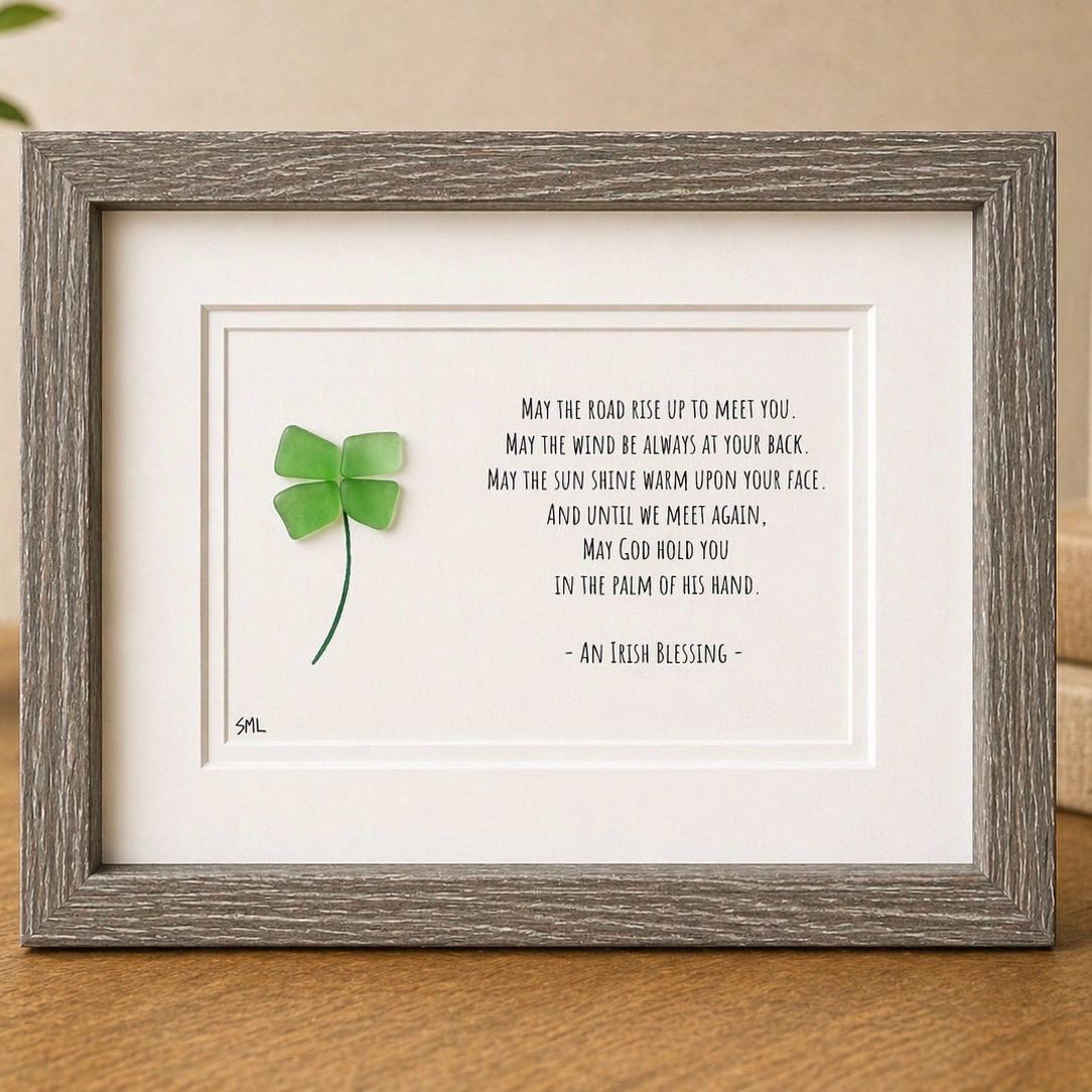 Irish Sea Glass Shamrock Framed Art, St. Patrick's Day Blessing