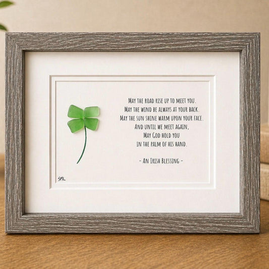 Irish Sea Glass Shamrock Framed Art, St. Patrick's Day Blessing