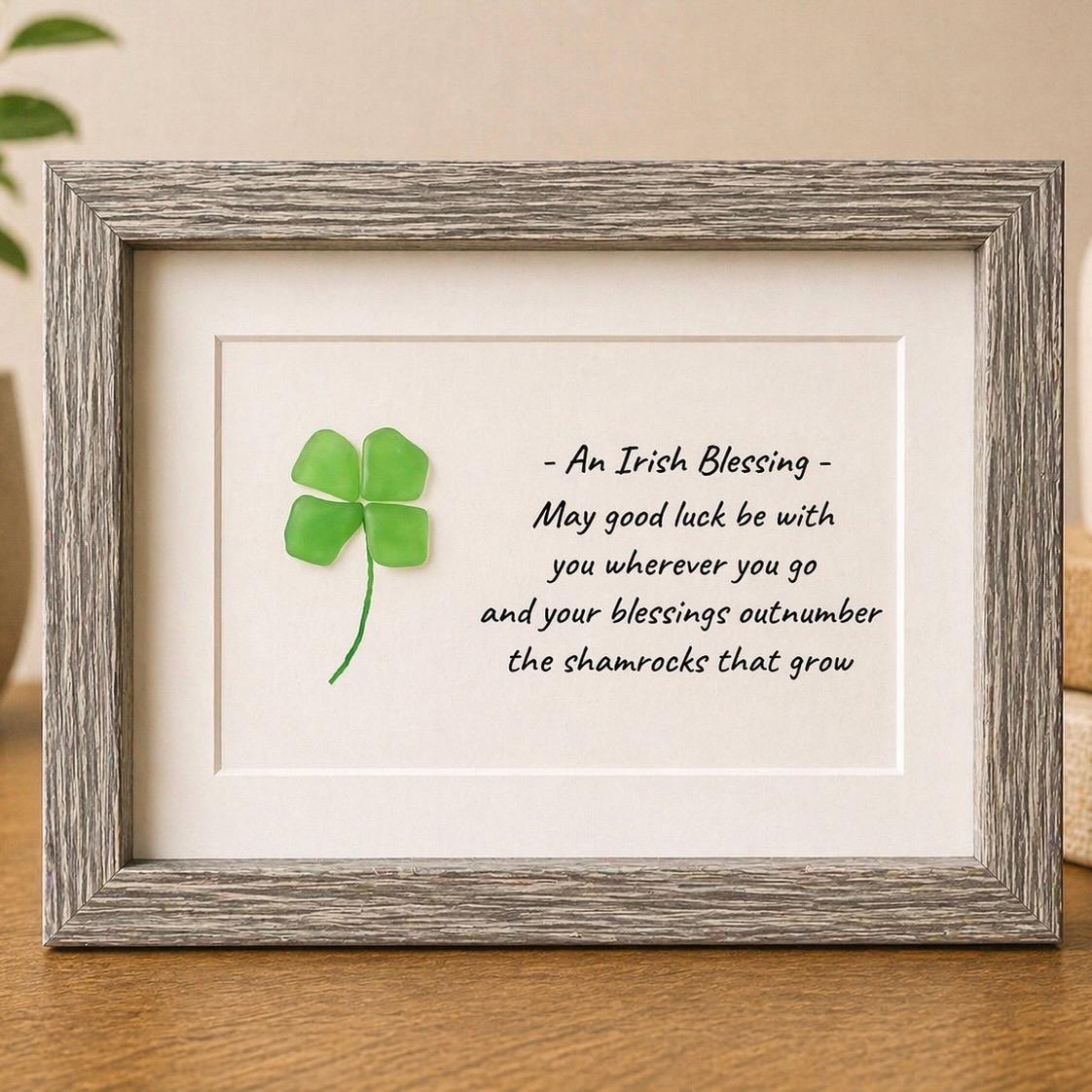 Irish Blessing Shamrock Sea Glass Art, "May Good Luck..." St Patrick’s Day, Ireland