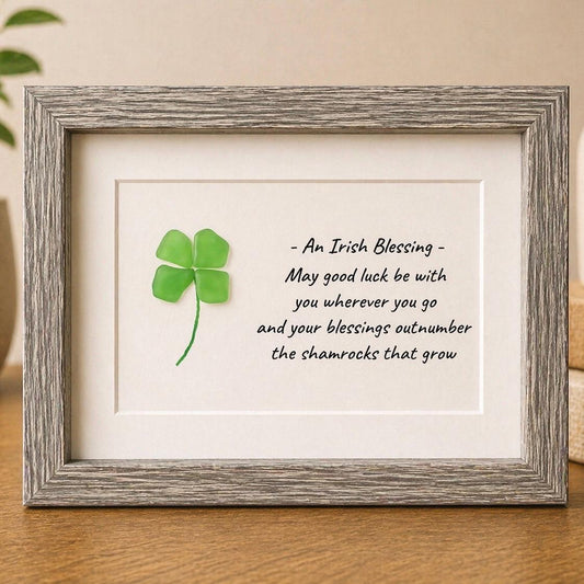 Irish Blessing Shamrock Sea Glass Art, "May Good Luck..." St Patrick’s Day, Ireland