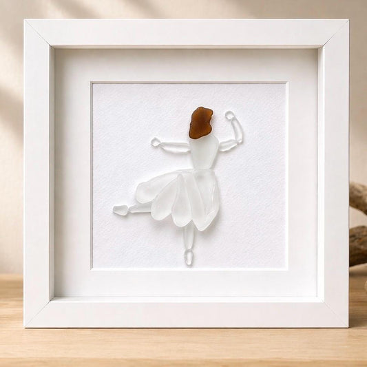 Ballerina | Ballet Dancer | White Glass | Unique Handmade Framed Art made from Scottish and Spanish Beach Finds | 8x8 Sea Glass Art
