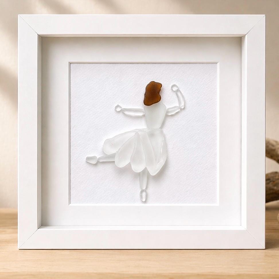 Ballerina or Ballet Dancer Framed Sea Glass Art made from Scottish and Spanish Beach Finds, Picture Measures 9x9” Framed