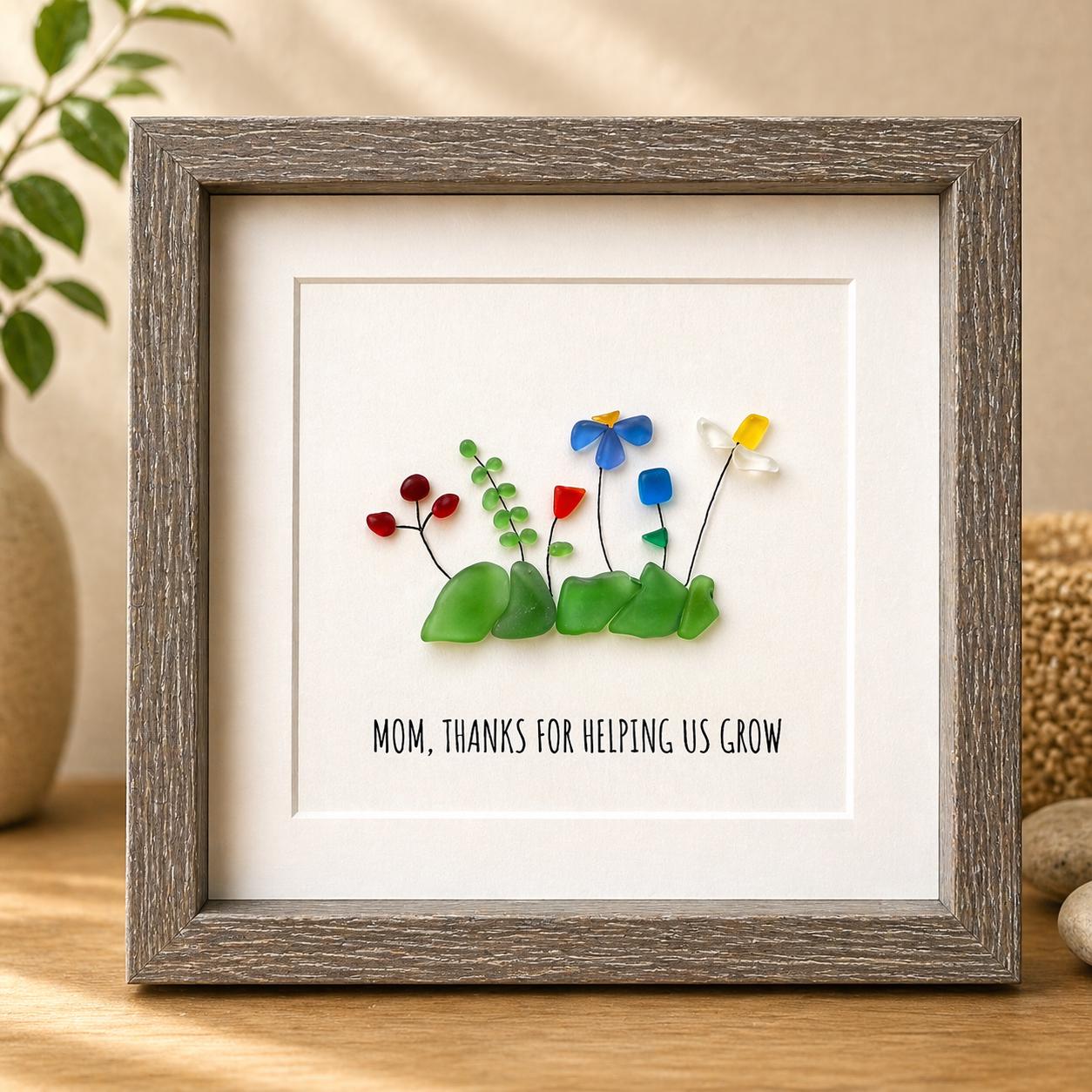 Mother’s Day Sea Glass Flowers, Framed 9x9 Picture, Unique Gift for Mom, Personalized Mother's Day Gift