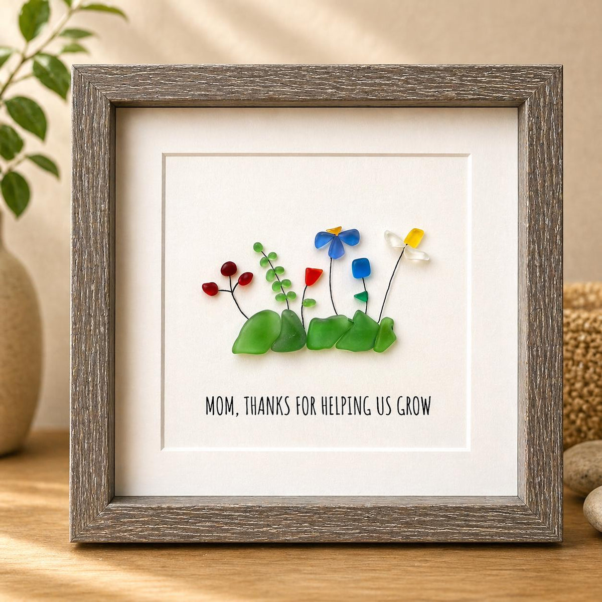 Mother’s Day Sea Glass Flowers, Framed 9x9 Picture, Unique Gift for Mom, Personalized Mother's Day Gift