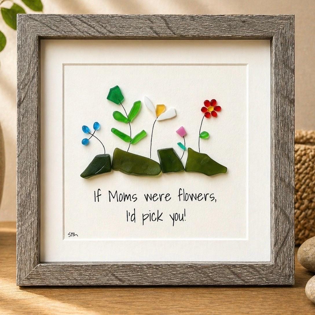 Sea Glass Flower Art, Gift for Mom, Framed Mothers Day Gift (9x9")
