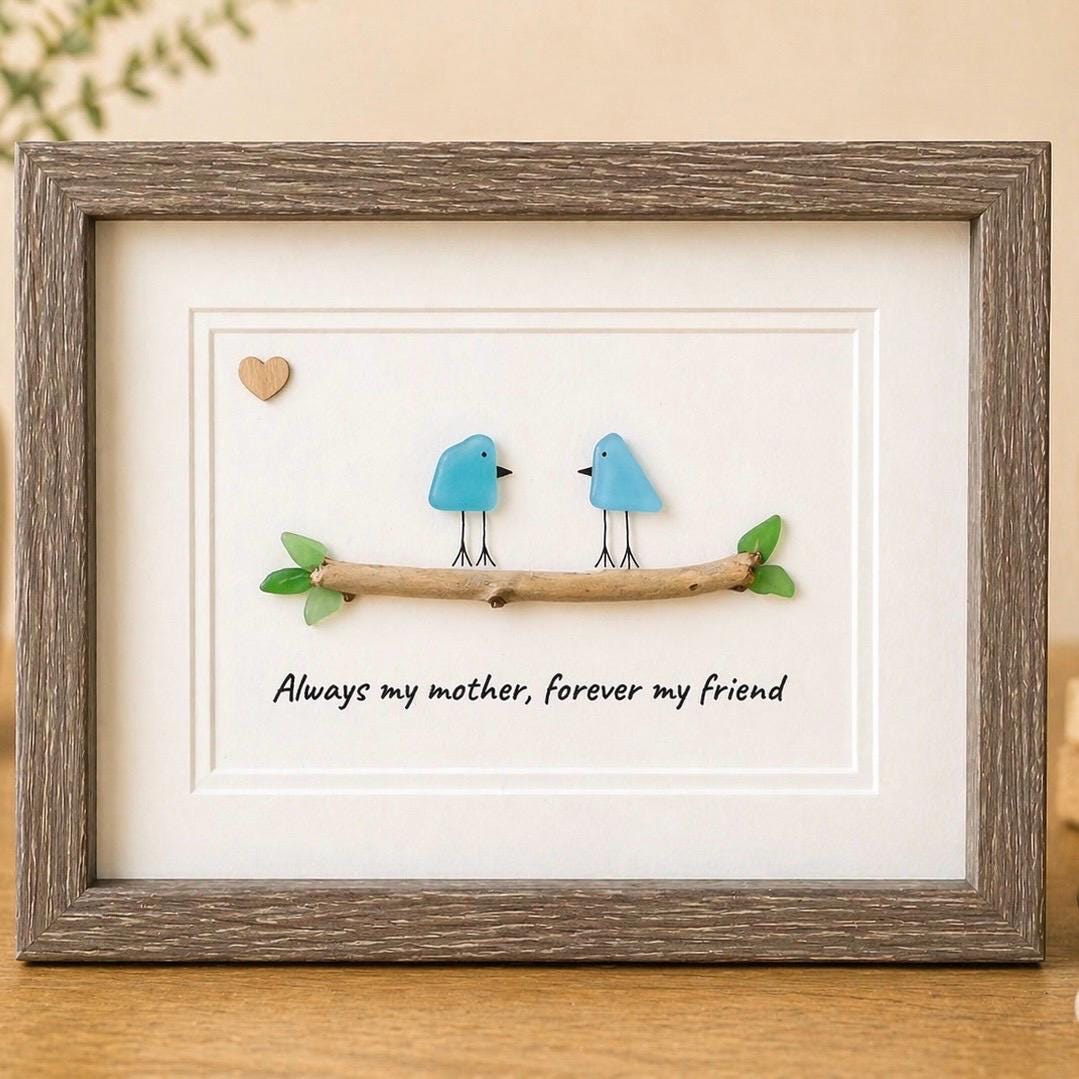 Framed Gift for Mom, 8x10 Sea Glass Art Captioned “Always my mother, forever my friend”