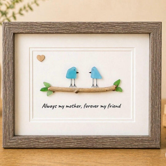 Framed Gift for Mom, 8x10 Sea Glass Art Captioned “Always my mother, forever my friend”