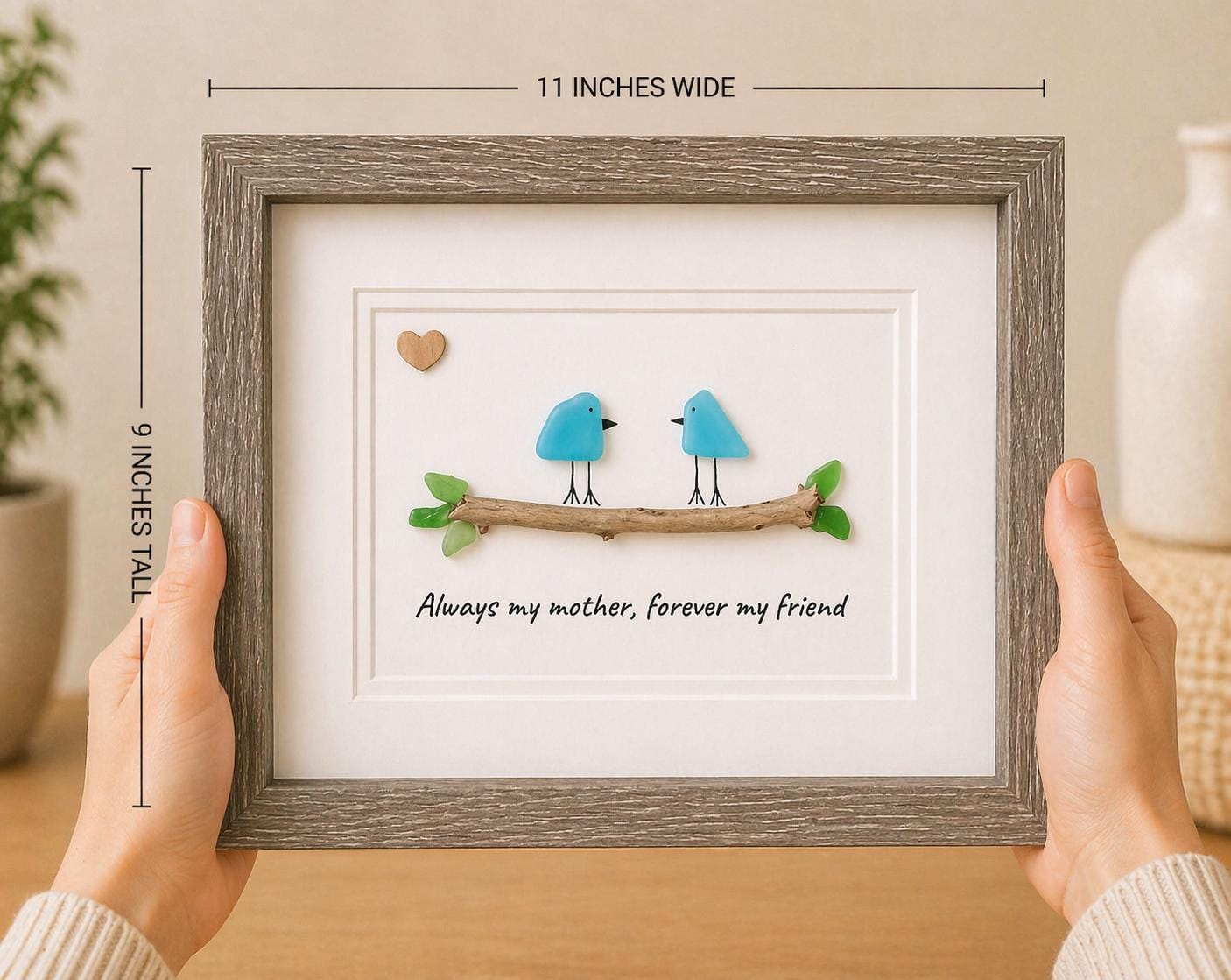 Framed Gift for Mom, 8x10 Sea Glass Art Captioned “Always my mother, forever my friend”