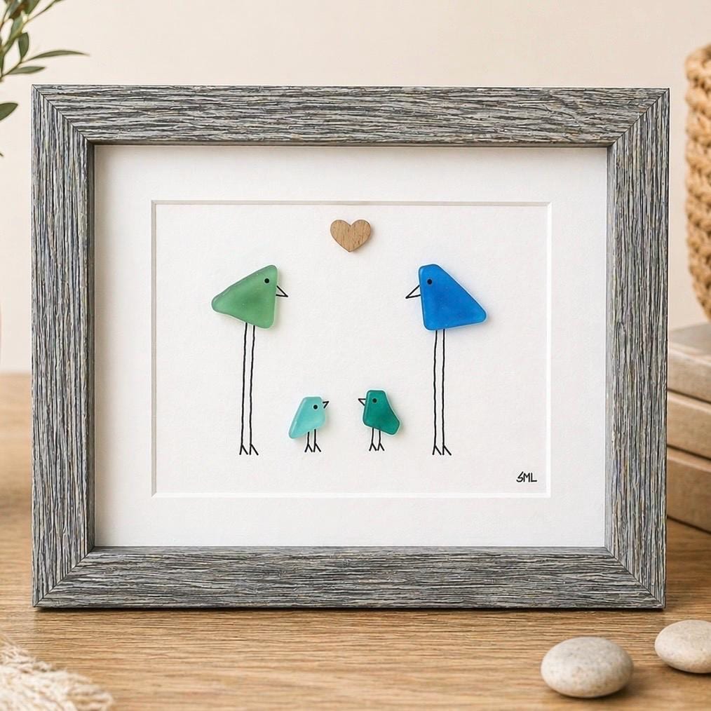 Family of 4 Sea Glass Birds, 5x7" Framed Handmade Picture