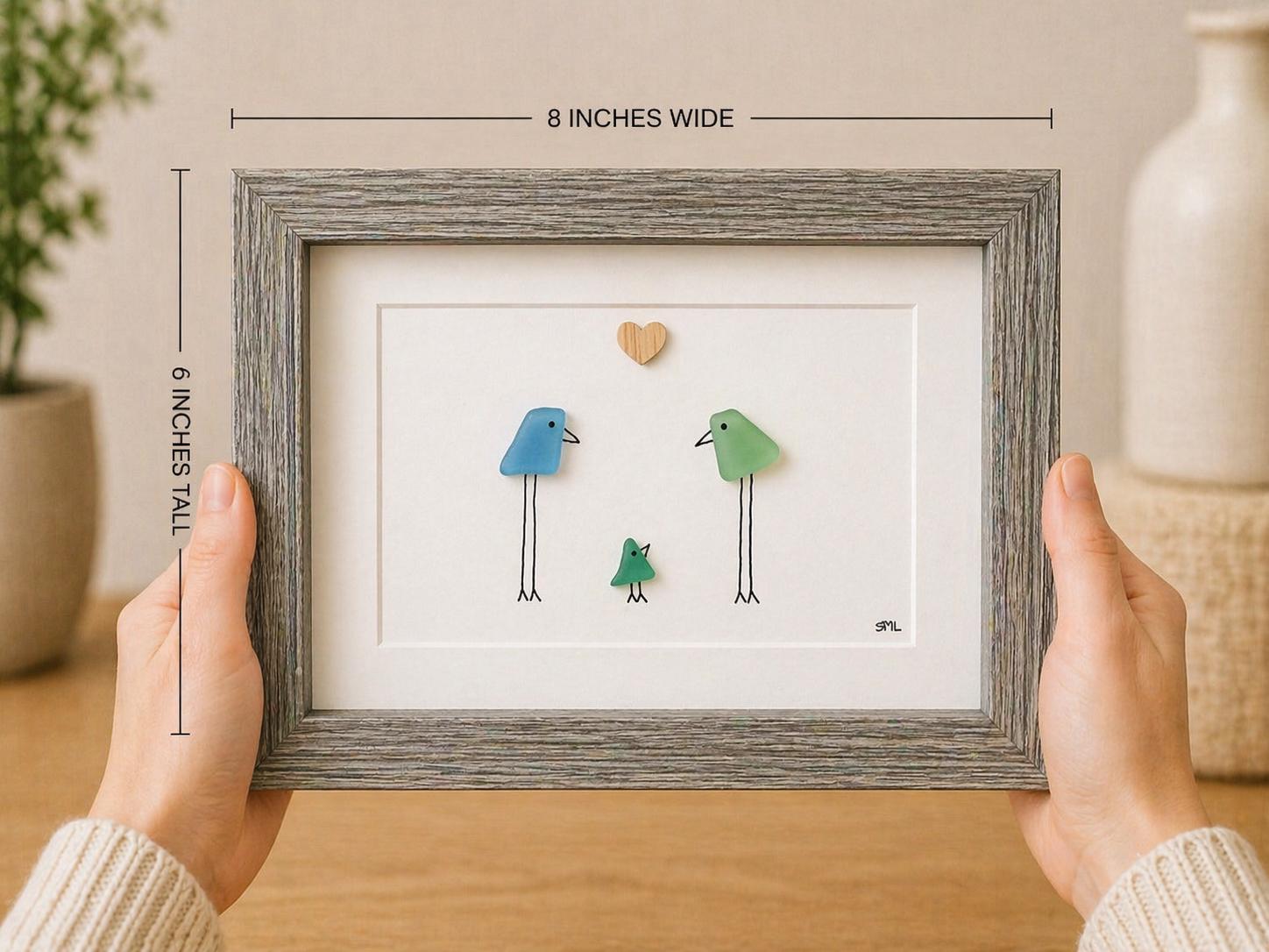 Family of 4 Sea Glass Birds, 5x7" Framed Handmade Picture
