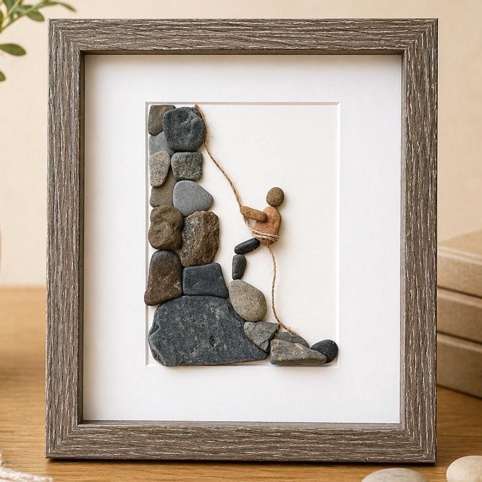 Rock Climbing Pebble Art, 8x10 Framed Original Artwork, Perfect Gift for Rock Climber / Rappelling Art