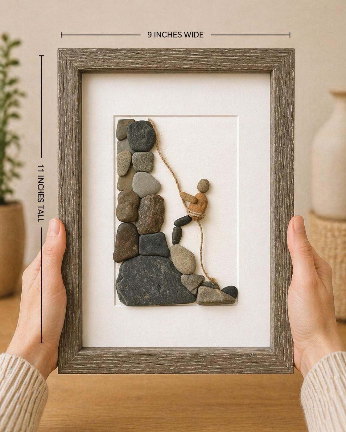 Rock Climbing Pebble Art, 8x10 Framed Original Artwork, Perfect Gift for Rock Climber / Rappelling Art
