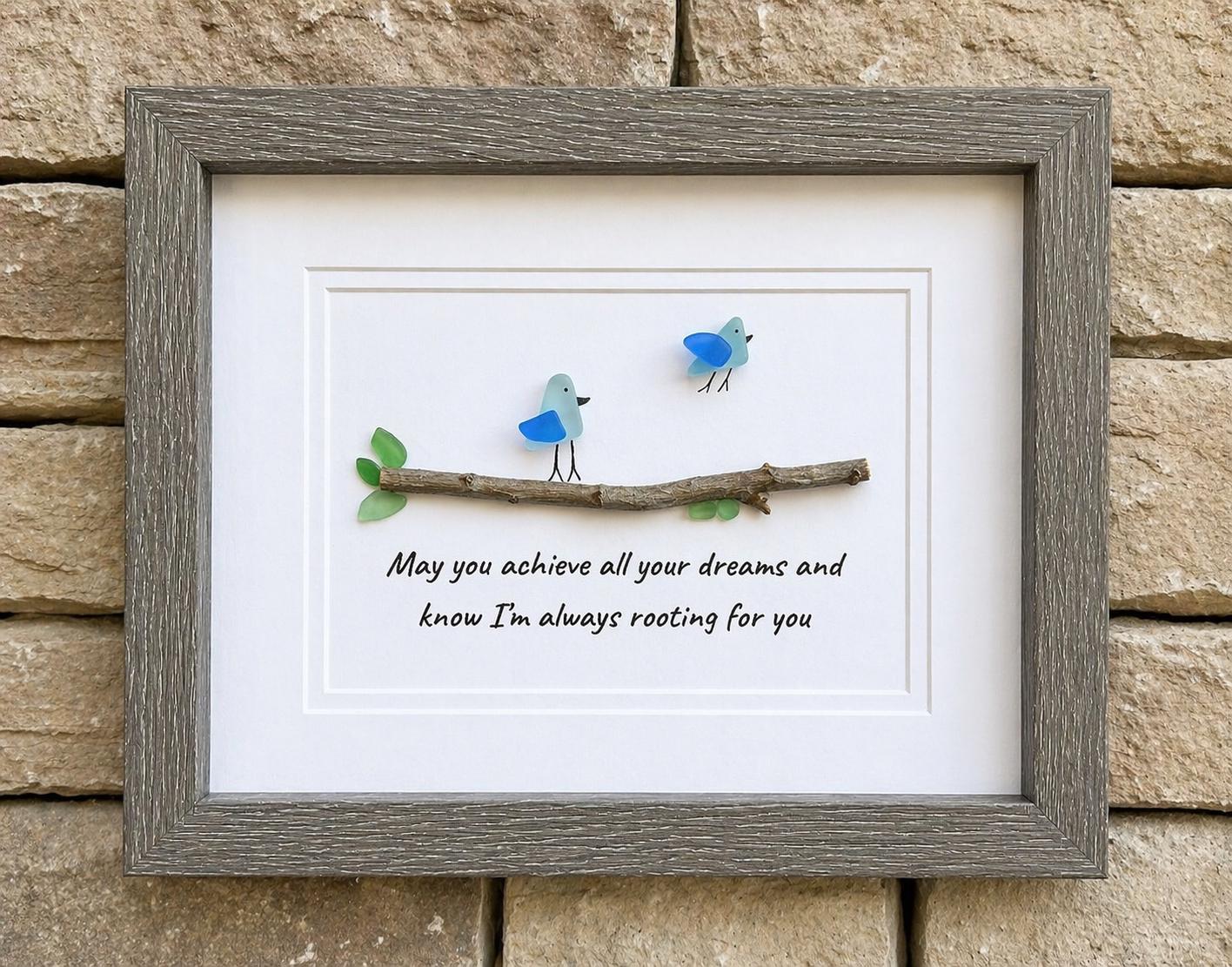 Sea Glass Birds Art, Inspirational Gift "Achieve Your Dreams", 8x10 Framed