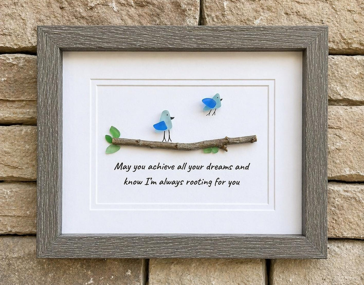 May You Achieve All Your Dreams, 8x10 Framed Sea Glass Art Featuring Two Birds on a Branch, Gift for Daughter, Son, Child, Grandchild