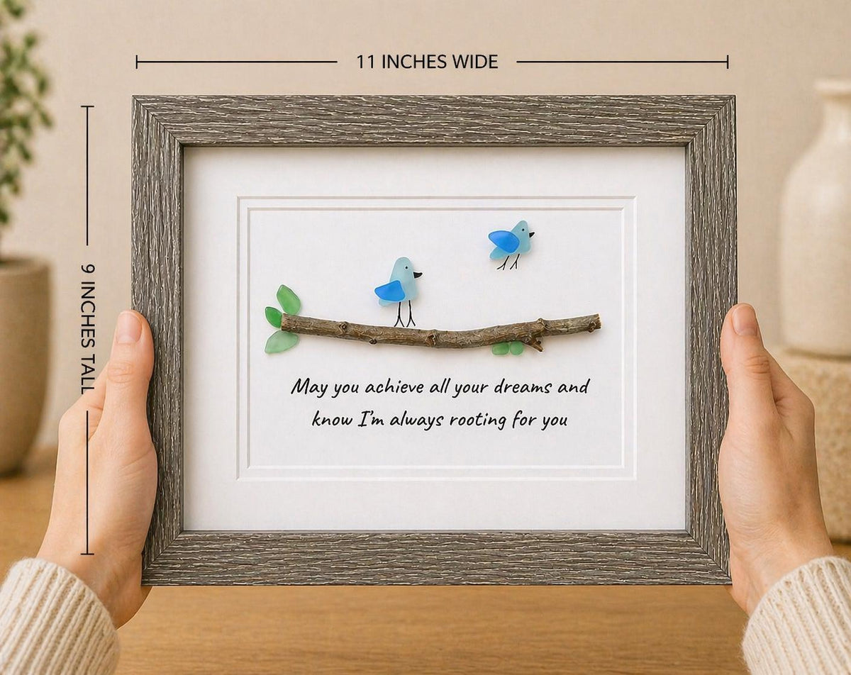 May You Achieve All Your Dreams, 8x10 Framed Sea Glass Art Featuring Two Birds on a Branch, Gift for Daughter, Son, Child, Grandchild