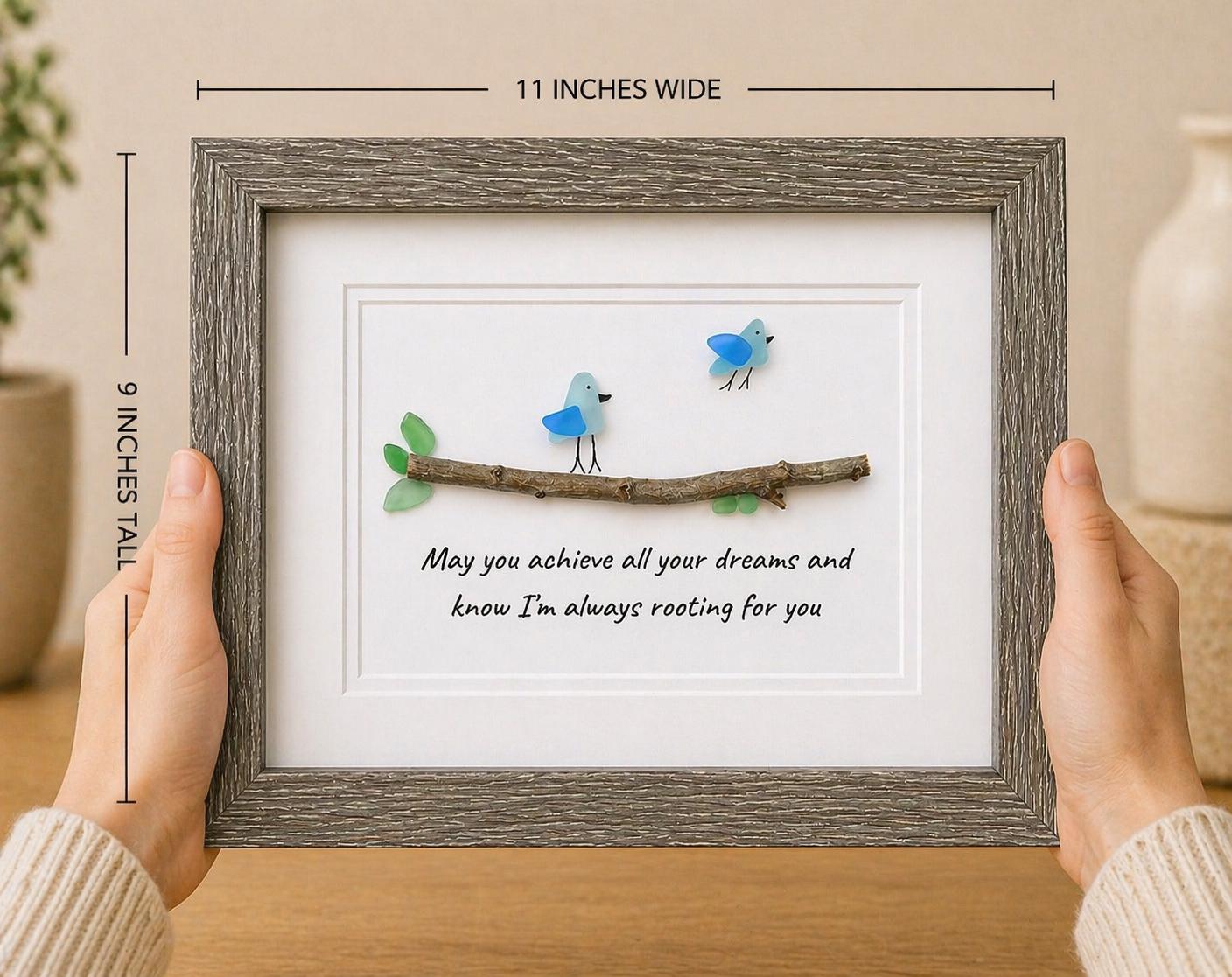 Sea Glass Birds Art, Inspirational Gift "Achieve Your Dreams", 8x10 Framed