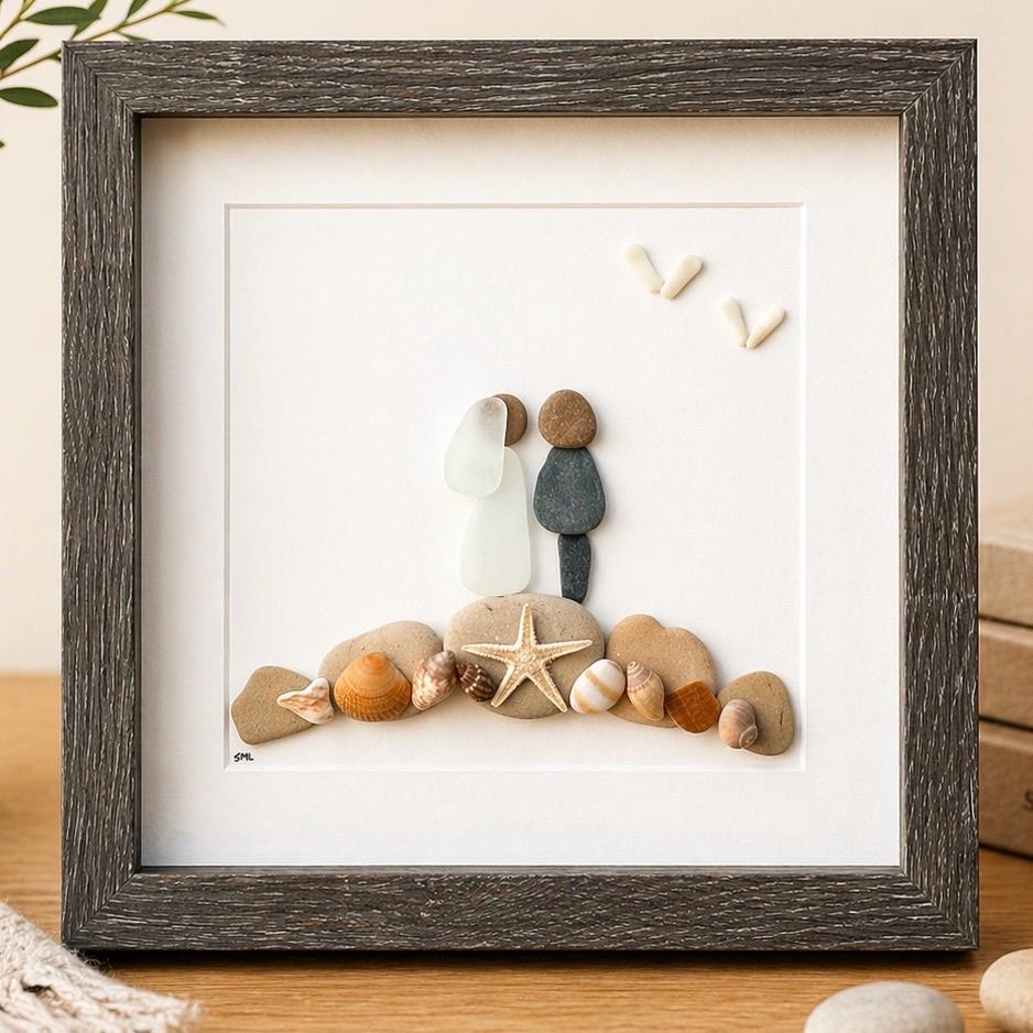 Personalized Beach Wedding Gift, 9x9 Framed Pebble and Sea Glass Art, Perfect Wedding Gift, Engagement Gift, Bridal Shower Gift