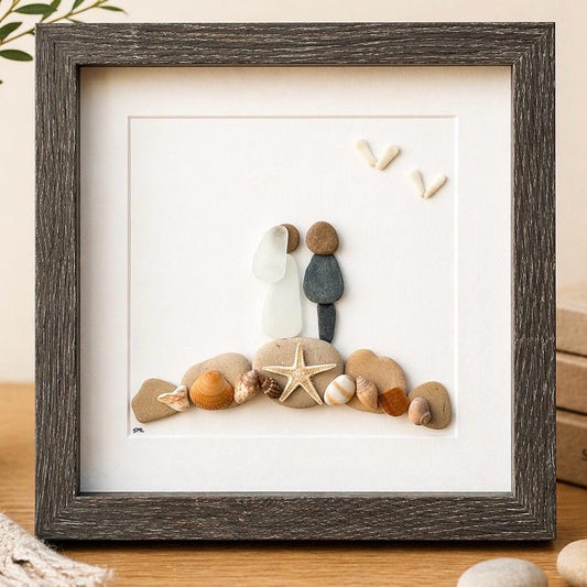 Personalized Beach Wedding Gift, 9x9 Framed Pebble and Sea Glass Art, Perfect Wedding Gift, Engagement Gift, Bridal Shower Gift