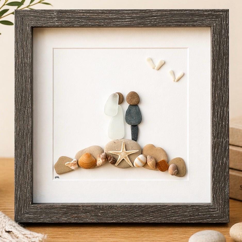 Personalized Beach Wedding Gift, 9x9 Framed Pebble and Sea Glass Art, Perfect Wedding Gift, Engagement Gift, Bridal Shower Gift