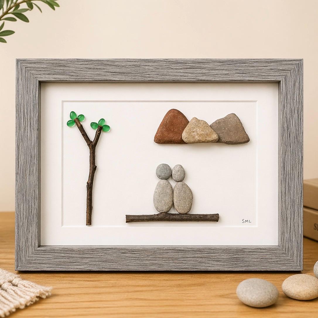 Couple in the Mountains Framed Pebble Art, 8 x 10 Unique Handmade Gift