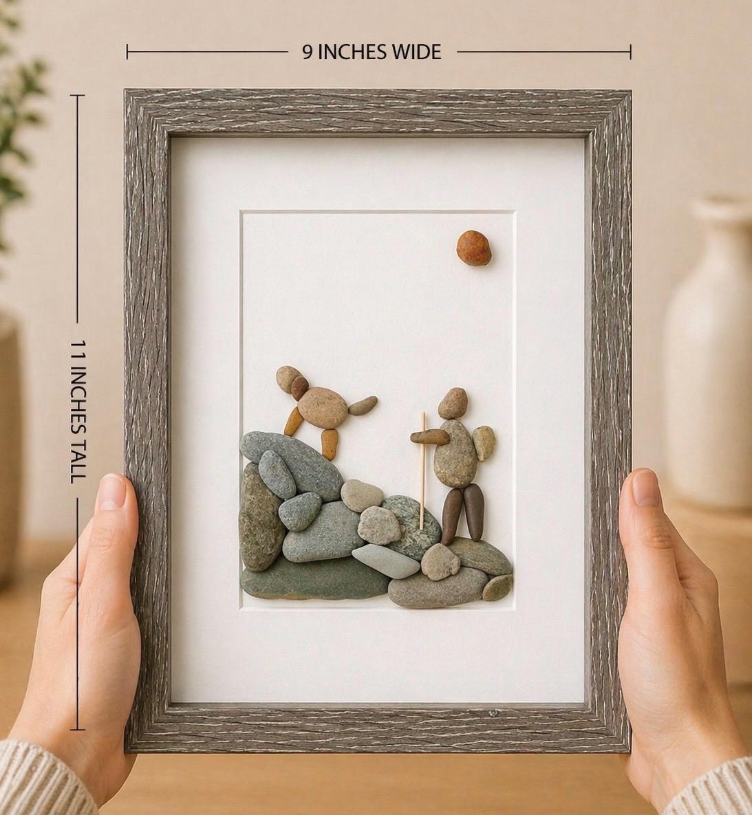 Hiking With Dog | Man's Best Friend | Dog and Hiker | Hill Walking | Handmade Picture | Perfect Gift for Hiker | 8x10 Pebble Art