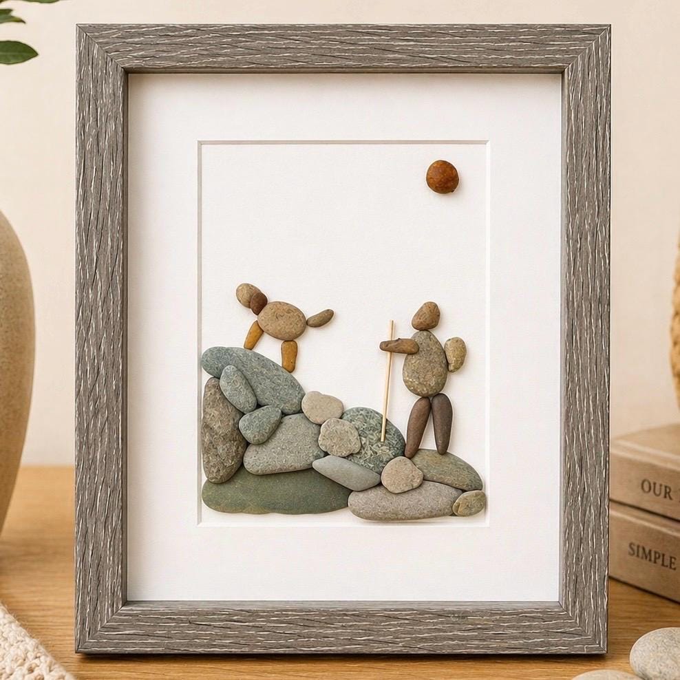 Hiking With Dog | Man's Best Friend | Dog and Hiker | Hill Walking | Handmade Picture | Perfect Gift for Hiker | 8x10 Pebble Art