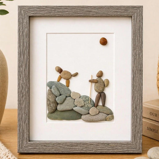 Hiking With Dog | Man's Best Friend | Dog and Hiker | Hill Walking | Handmade Picture | Perfect Gift for Hiker | 8x10 Pebble Art