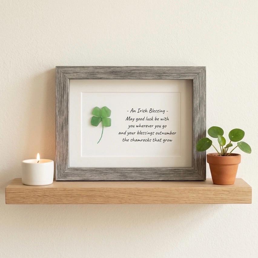 Irish Blessing Shamrock Sea Glass Art, "May Good Luck..." St Patrick’s Day, Ireland