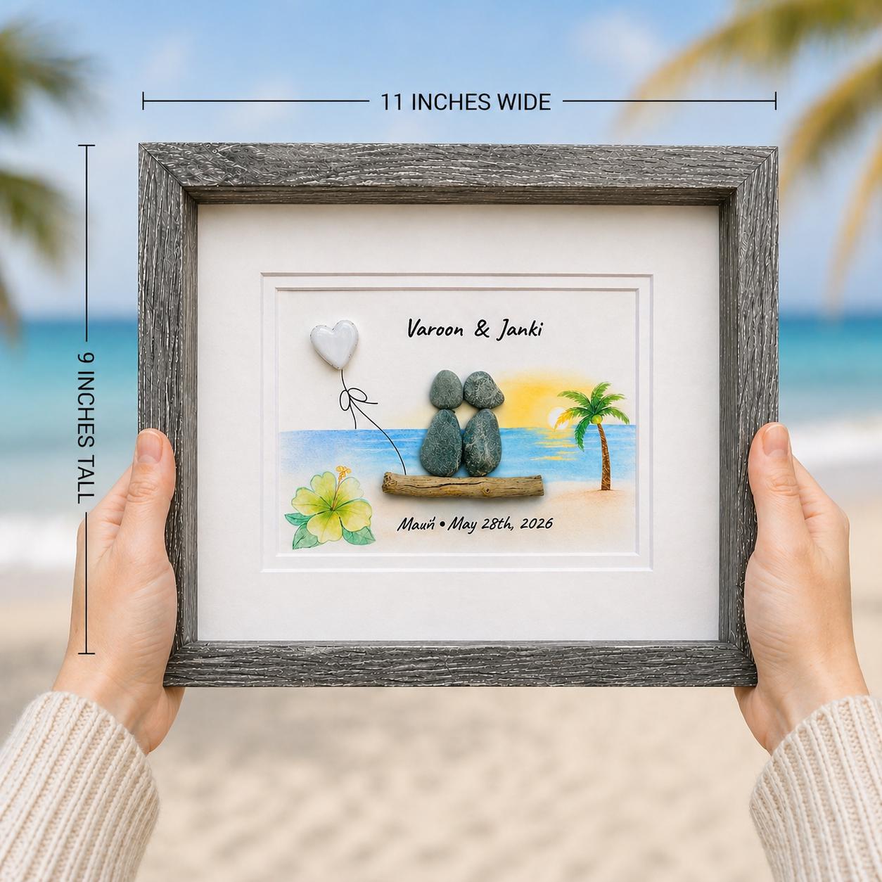 Personalized Hawaii Anniversary Gift, Custom Beach Pebble Art, Tropical Wedding Gift, Coastal Decor, Couple Portrait