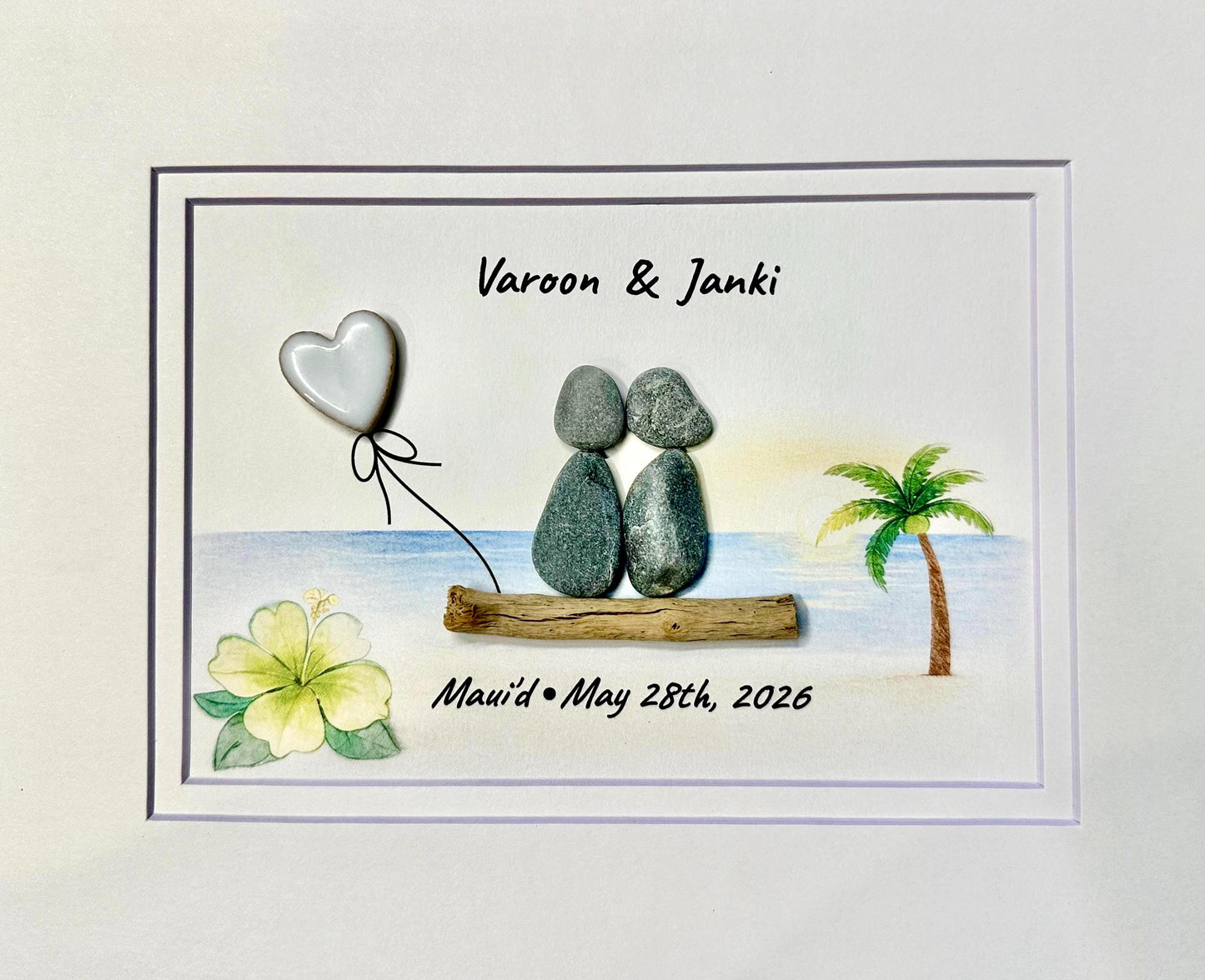 Personalized Hawaii Anniversary Gift, Custom Beach Pebble Art, Tropical Wedding Gift, Coastal Decor, Couple Portrait